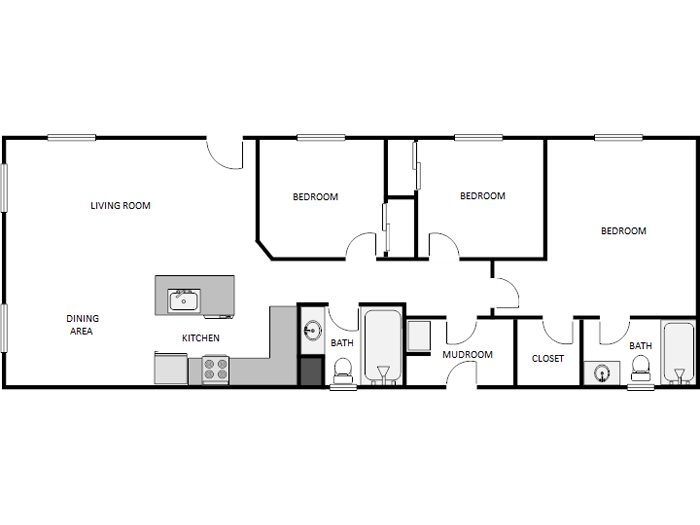 Floor plan for 3 beds, 2 baths, 1050 sqft